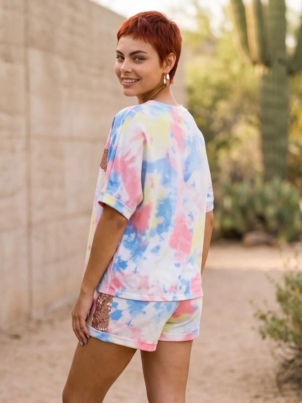 Fantastic Fawn Tie Dye Shorts Set | Sparkly Sequin 2 Piece Matching Lounge Set - Picture 6 of 7